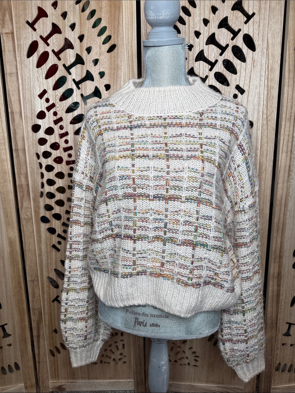 It's Our Time Cream Multicolor Thread Crewneck Sweater